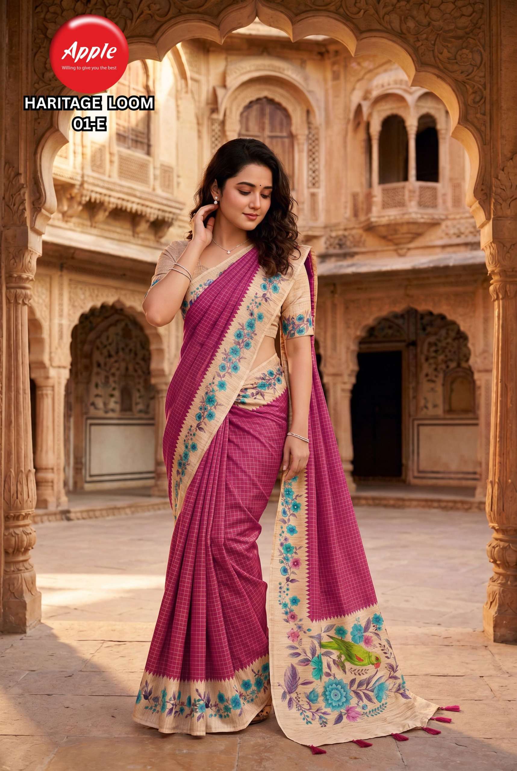 APPLE HERITAGE LOOM VOL 1 SOFT SILK FABRIC WITH BEAUTIFUL CHECK PATTEN ON SAREE BEST RATE